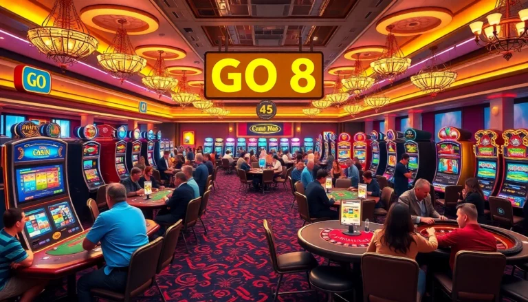 GO 8 gaming strategies in action on a vibrant casino floor with players at tables.