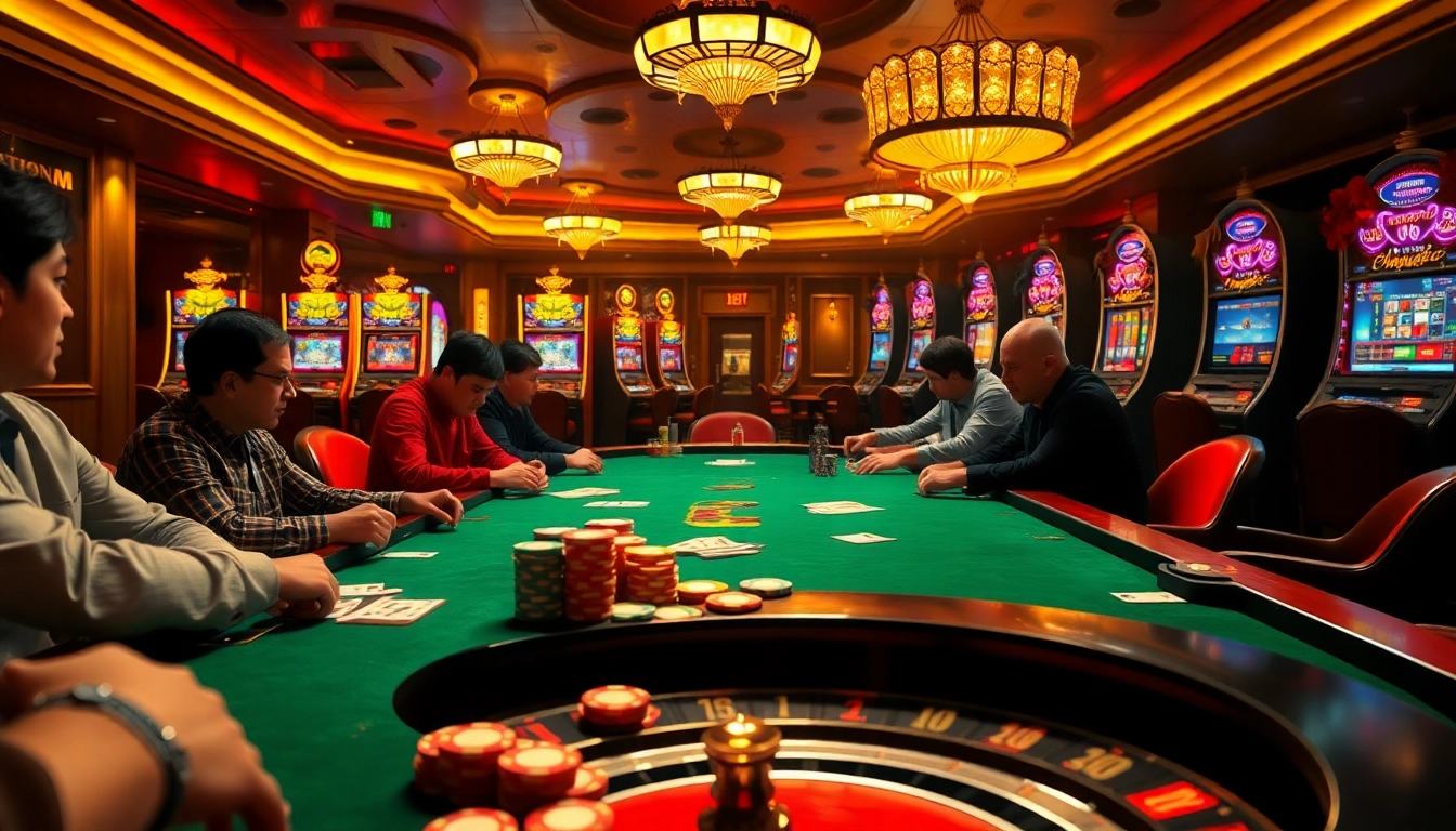 Experience exciting gameplay at https://f8beta2.support/ with players engaged in poker, surrounded by vibrant casino lights.