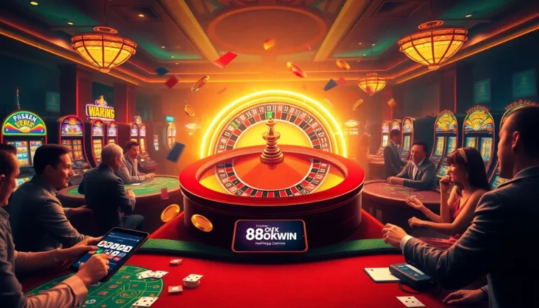 Experience the thrill of winning at https://88okwin.com/ with players enjoying roulette and poker in a lively casino scene.