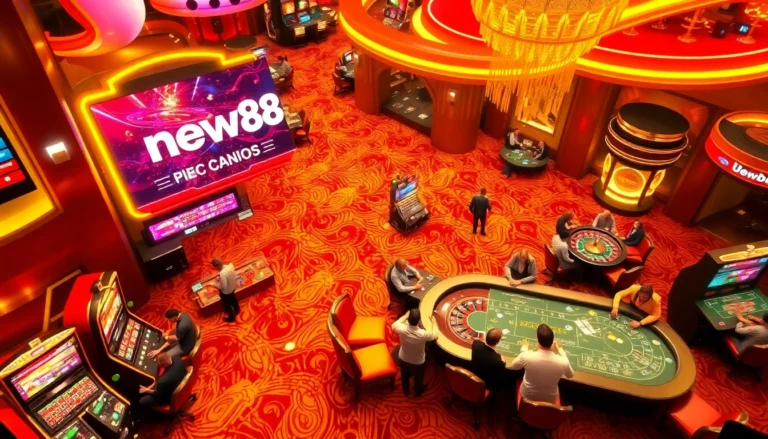 Engage in thrilling games at new88 casino with poker tables and vibrant slot machines.