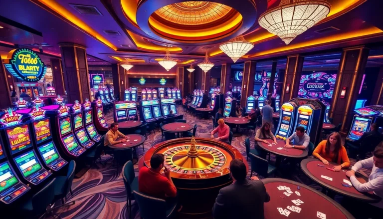 LC88 gaming action with vibrant slots, roulette, and players at casino tables.